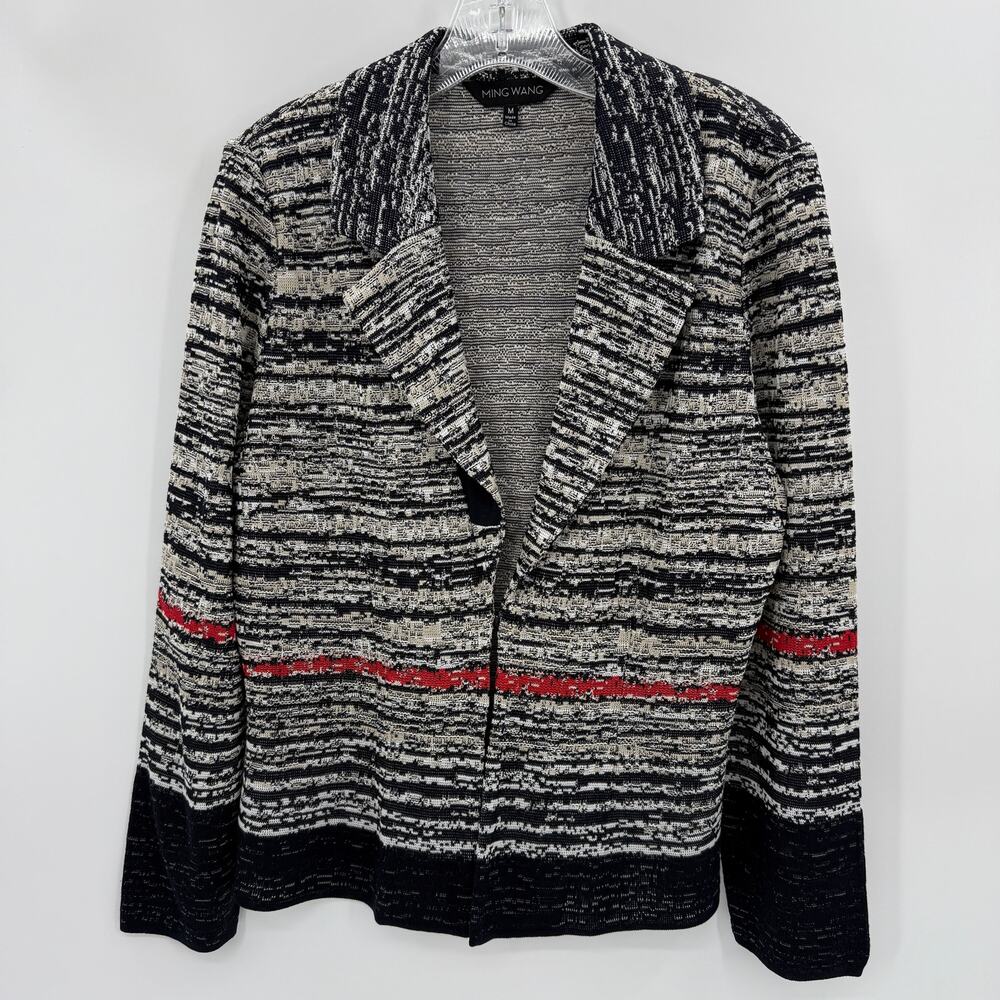 MING WANG Knit Sweater Jacket Womens Size M Open Front Tight Knit Career Office